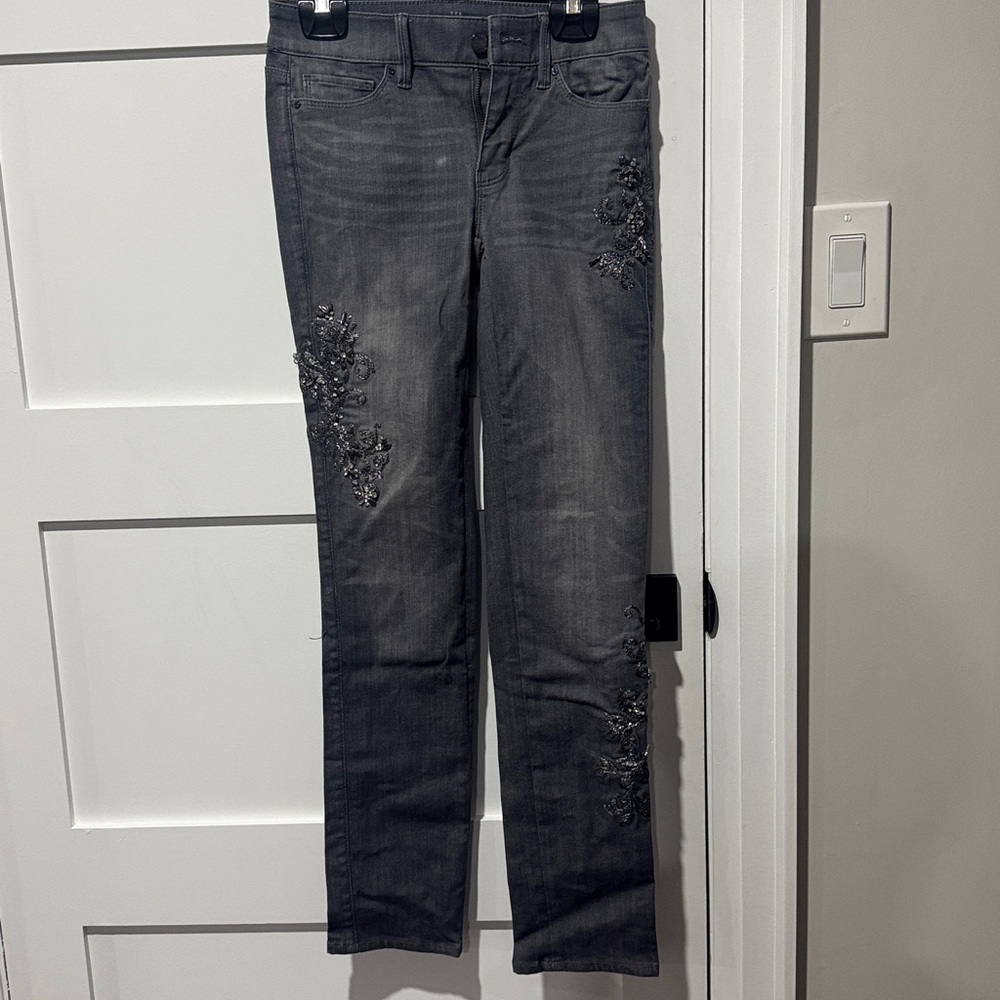 White House Black Market Gray Embellished Straight Leg Jeans